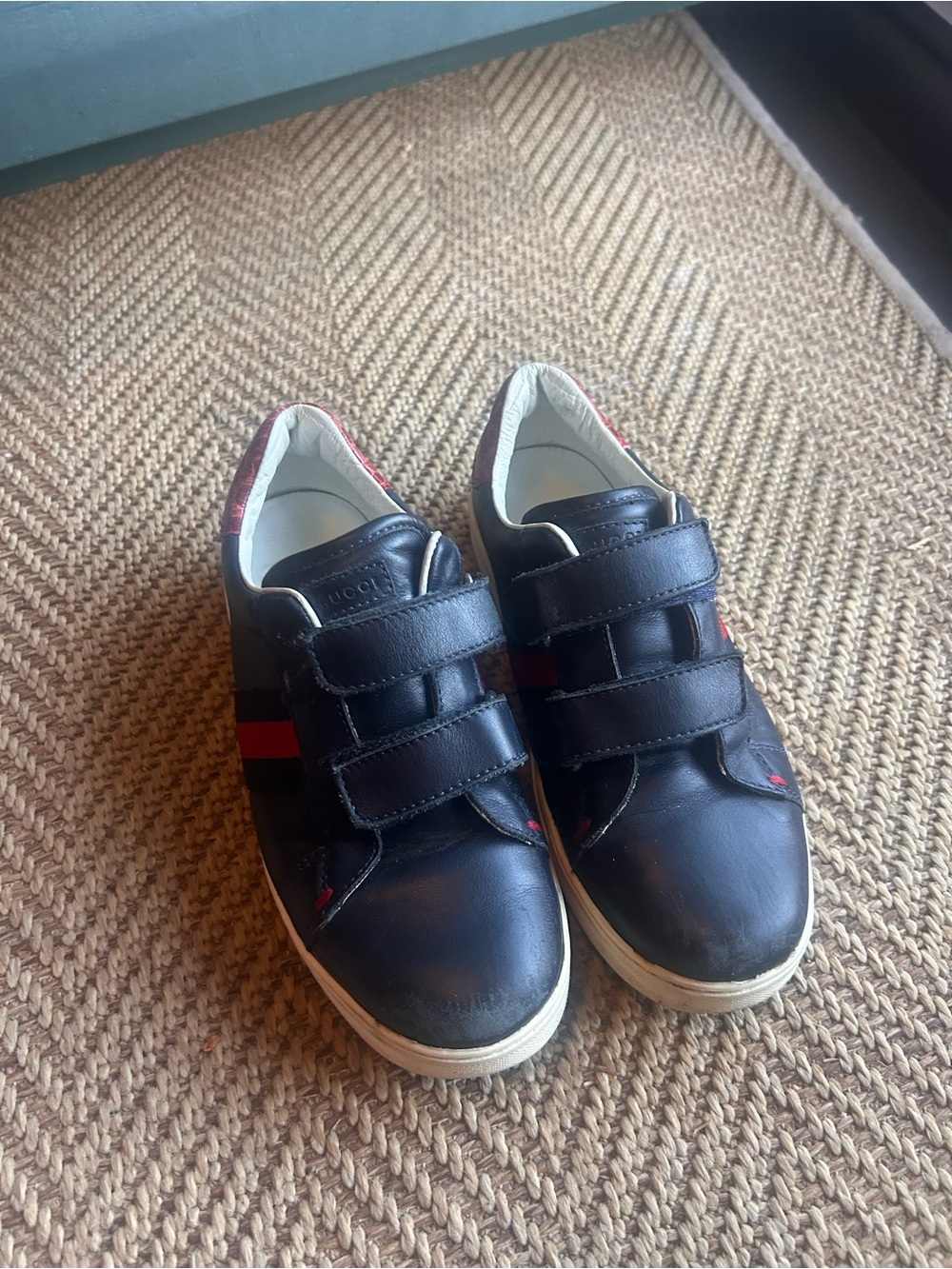 Gucci Kids Black Leather Sneakers with Red and Blue Stripe